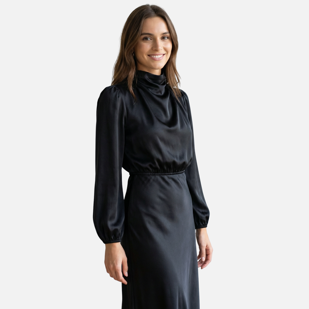 Women’s High Waist Midi Dress with Long Sleeves