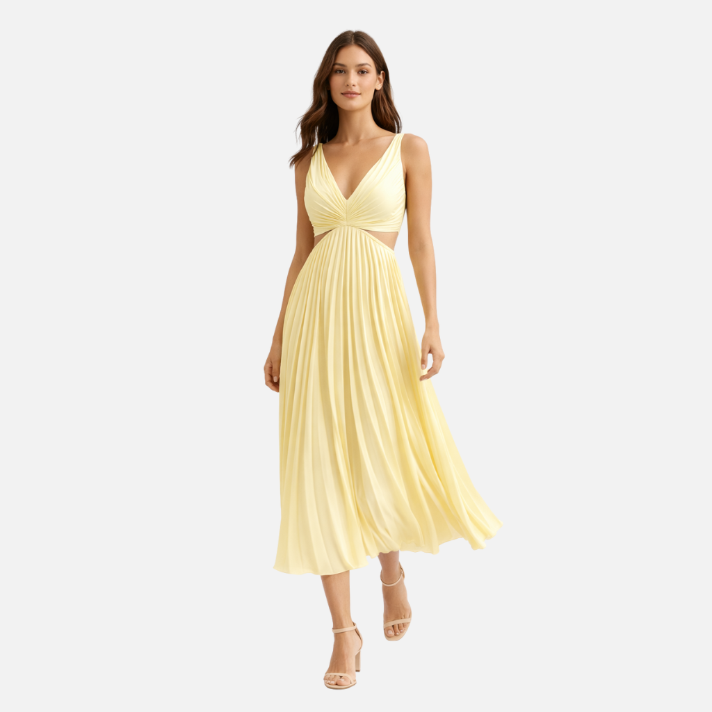 Women’s Pleated Midi Dress with V-Neck Bodice