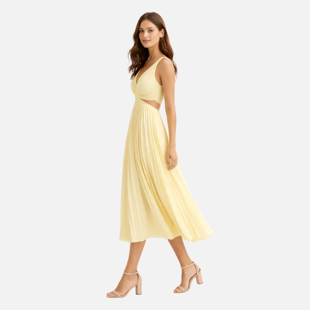 Women’s Pleated Midi Dress with V-Neck Bodice
