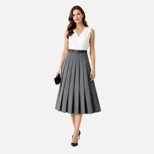 Women’s Pleated Midi Skirt with Adjustable Waist Belt