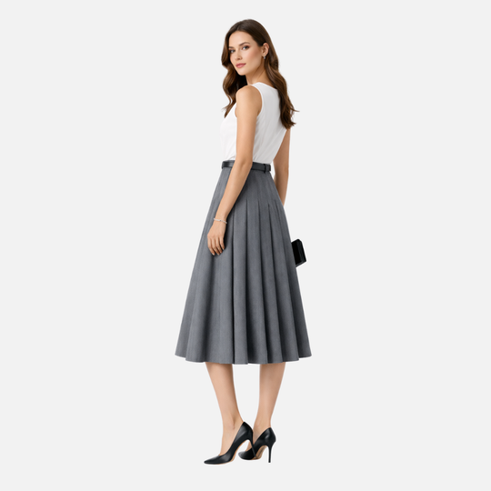 Women’s Pleated Midi Skirt with Adjustable Waist Belt