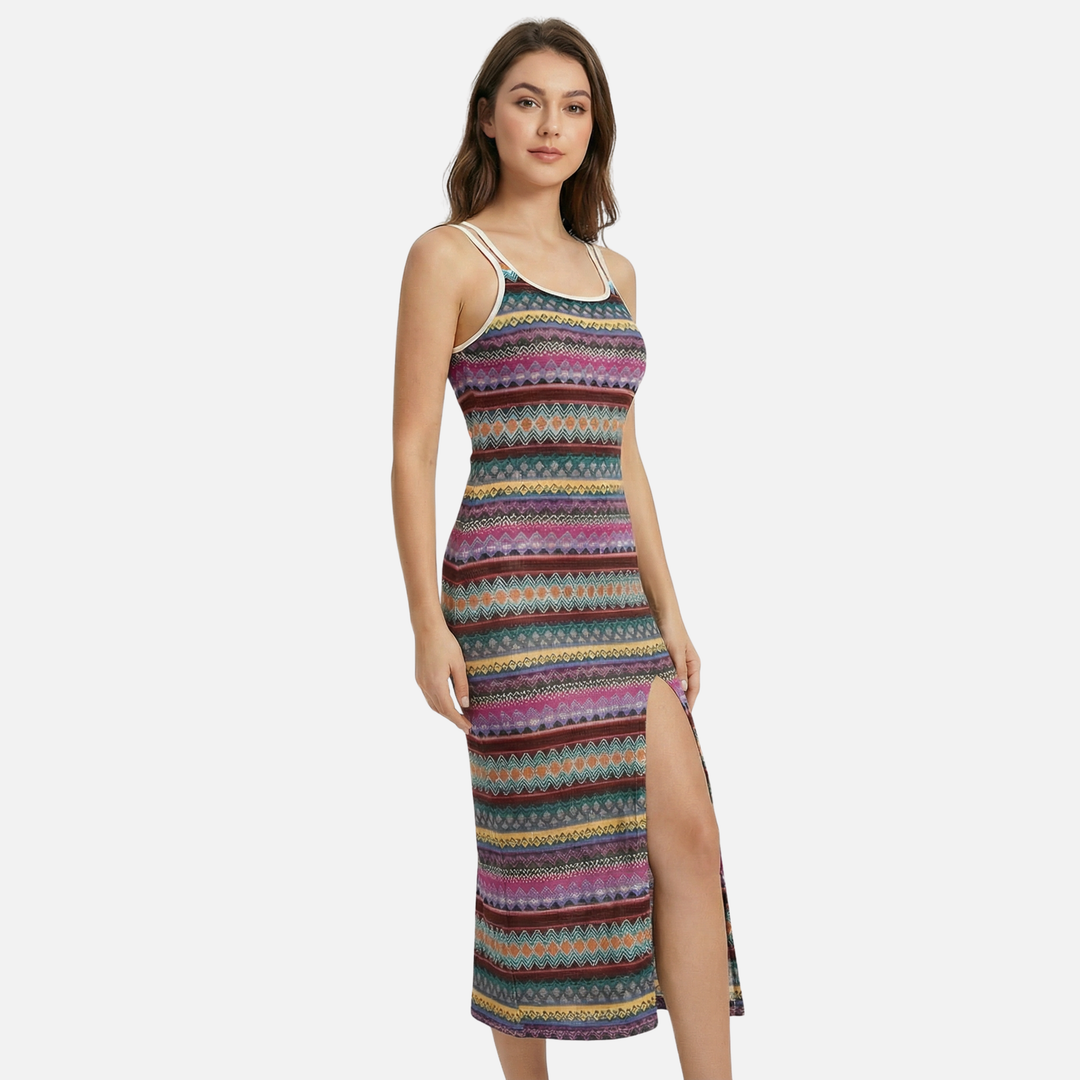 Striped Tank Maxi Dress with Side Slit for Women