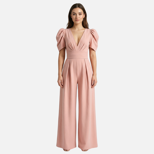 Women’s V-Neck Full-Length Jumpsuit with Puff Sleeves