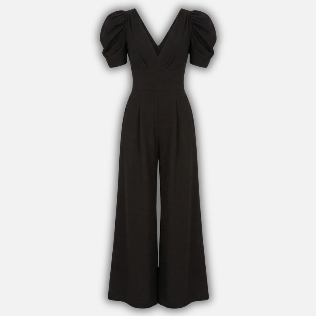 Women’s V-Neck Full-Length Jumpsuit with Puff Sleeves