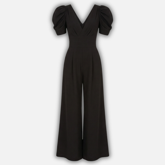 Women’s V-Neck Full-Length Jumpsuit with Puff Sleeves