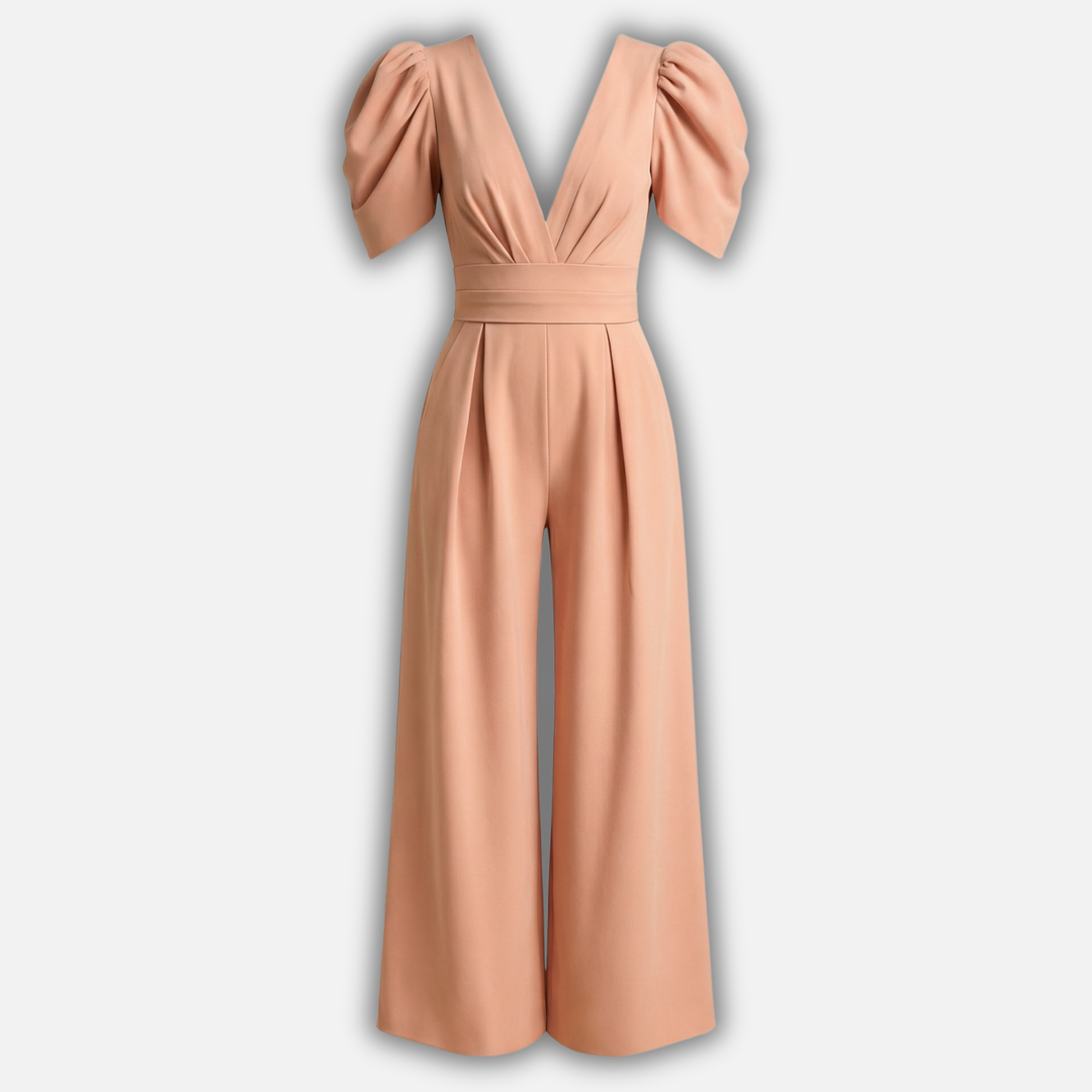 Women’s V-Neck Full-Length Jumpsuit with Puff Sleeves