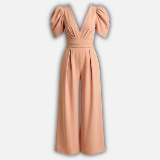 Women’s V-Neck Full-Length Jumpsuit with Puff Sleeves