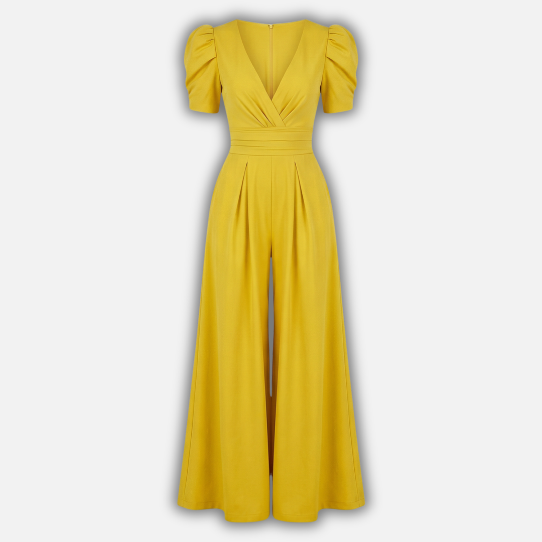 Women’s V-Neck Full-Length Jumpsuit with Puff Sleeves