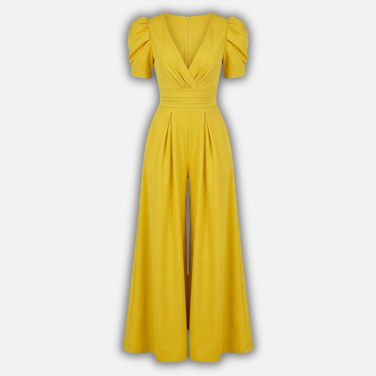 Women’s V-Neck Full-Length Jumpsuit with Puff Sleeves