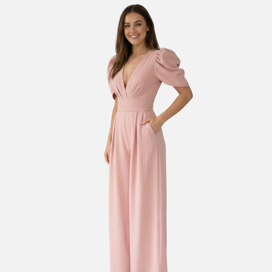Women’s V-Neck Full-Length Jumpsuit with Puff Sleeves