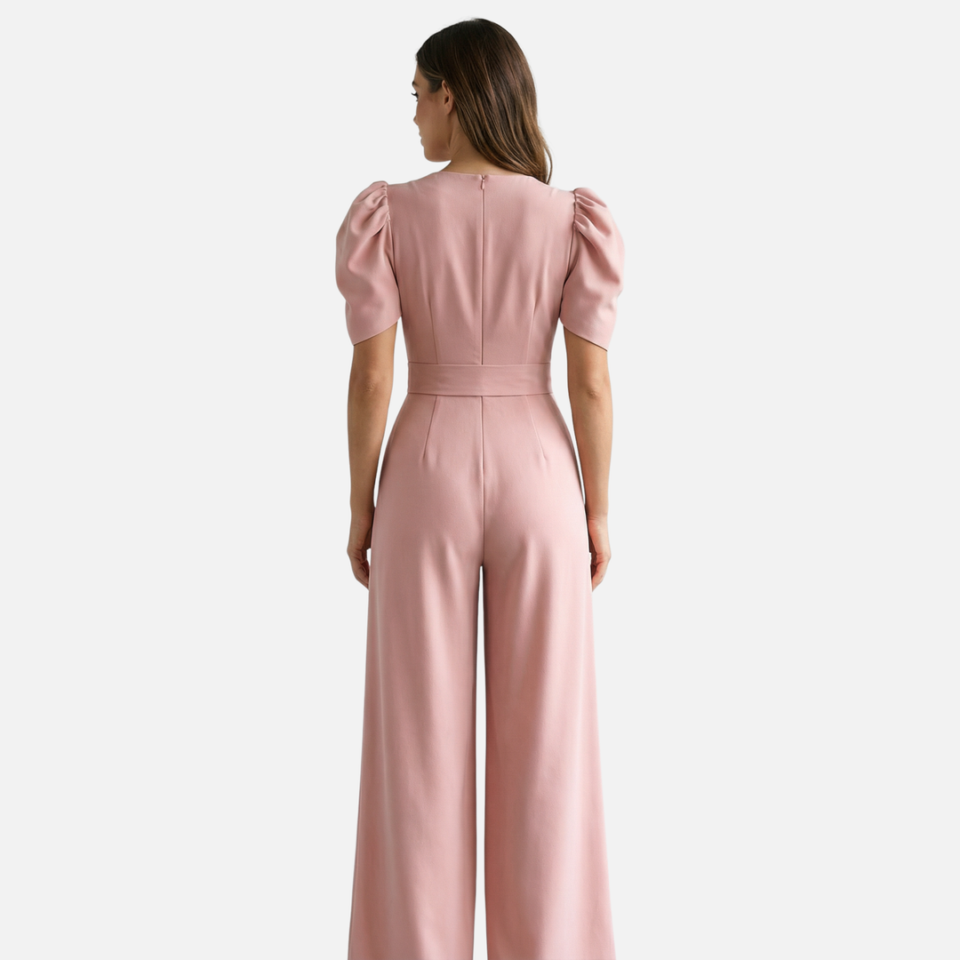 Women’s V-Neck Full-Length Jumpsuit with Puff Sleeves