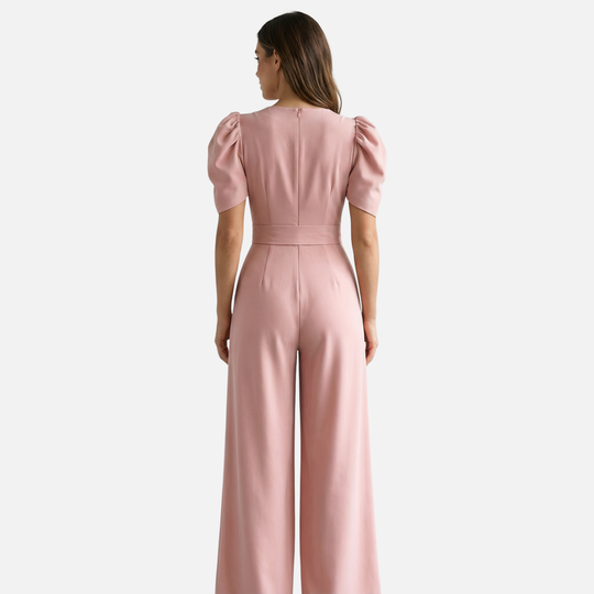 Women’s V-Neck Full-Length Jumpsuit with Puff Sleeves