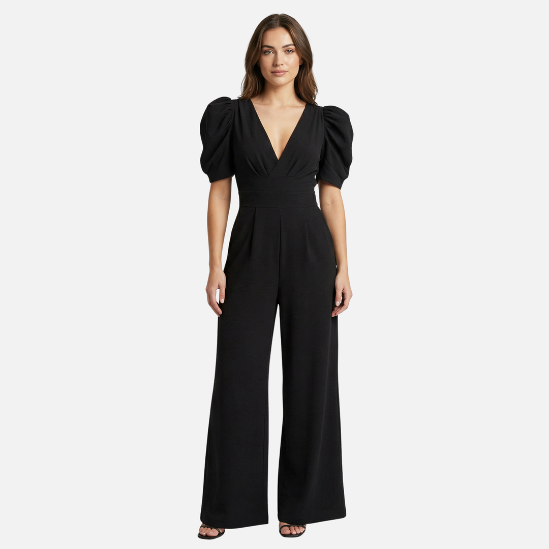 Women’s V-Neck Full-Length Jumpsuit with Puff Sleeves