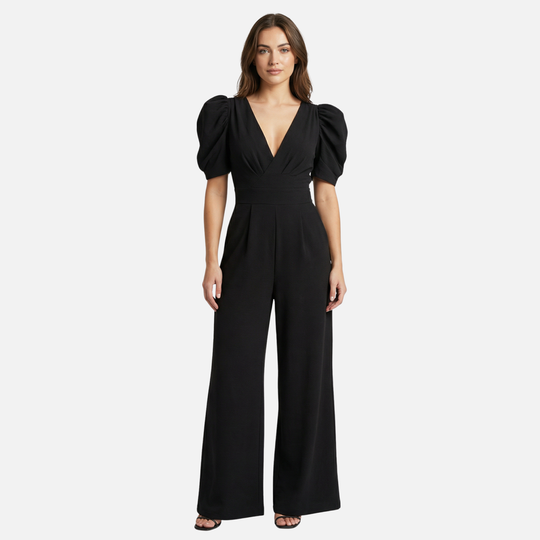 Women’s V-Neck Full-Length Jumpsuit with Puff Sleeves