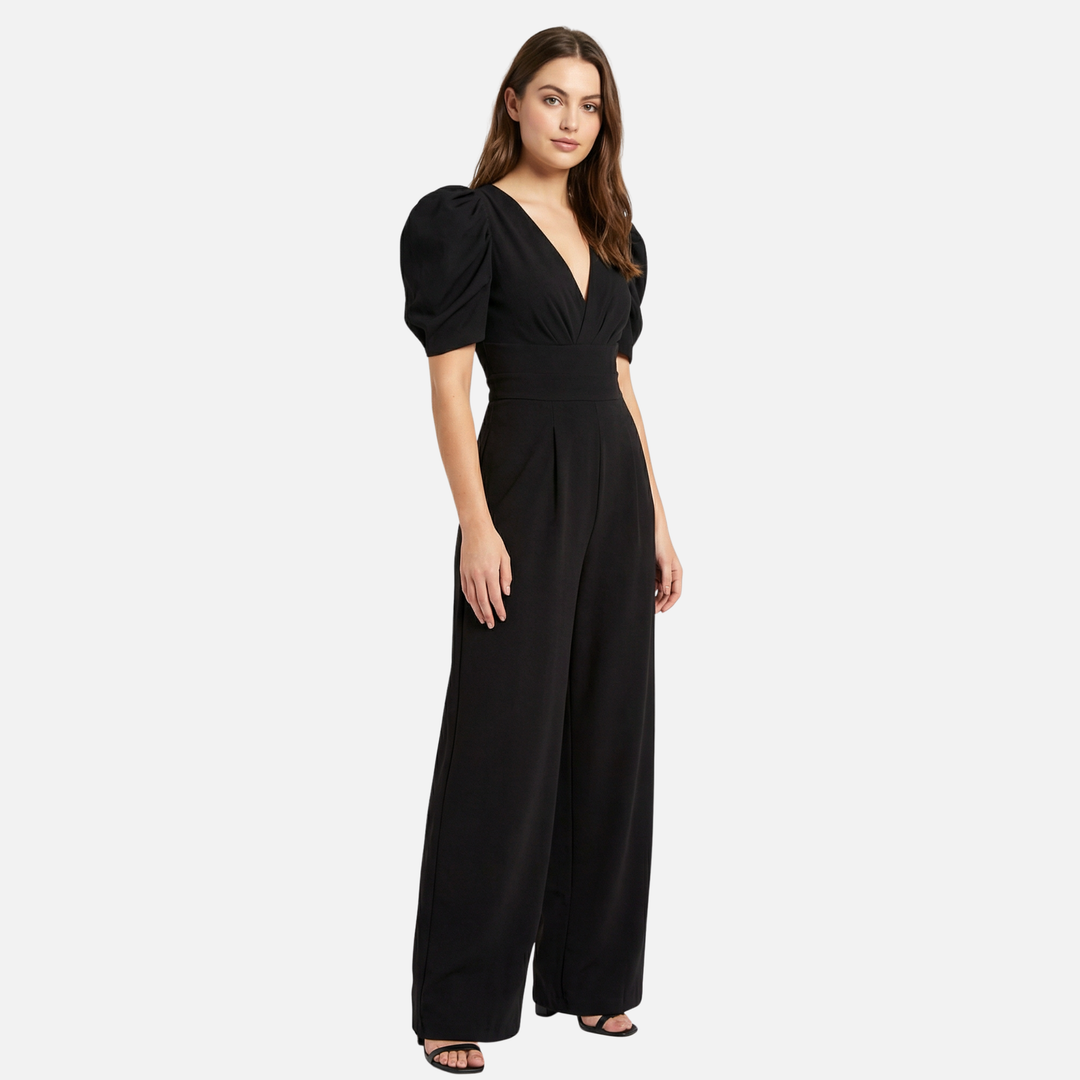 Women’s V-Neck Full-Length Jumpsuit with Puff Sleeves