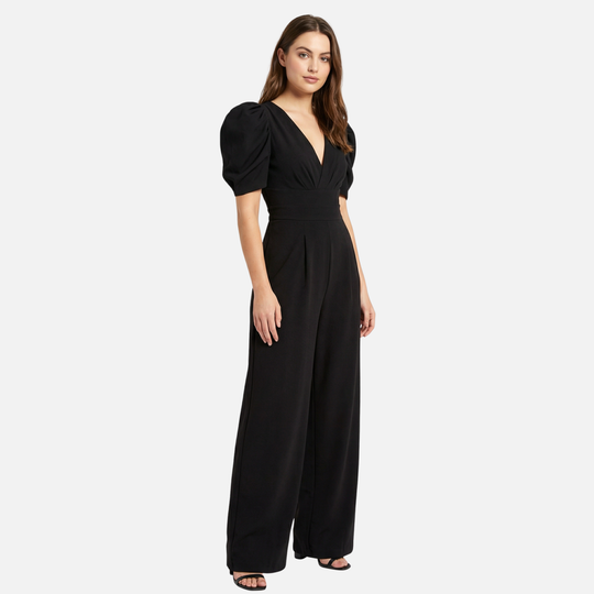 Women’s V-Neck Full-Length Jumpsuit with Puff Sleeves