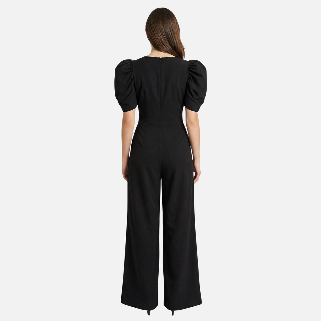 Women’s V-Neck Full-Length Jumpsuit with Puff Sleeves