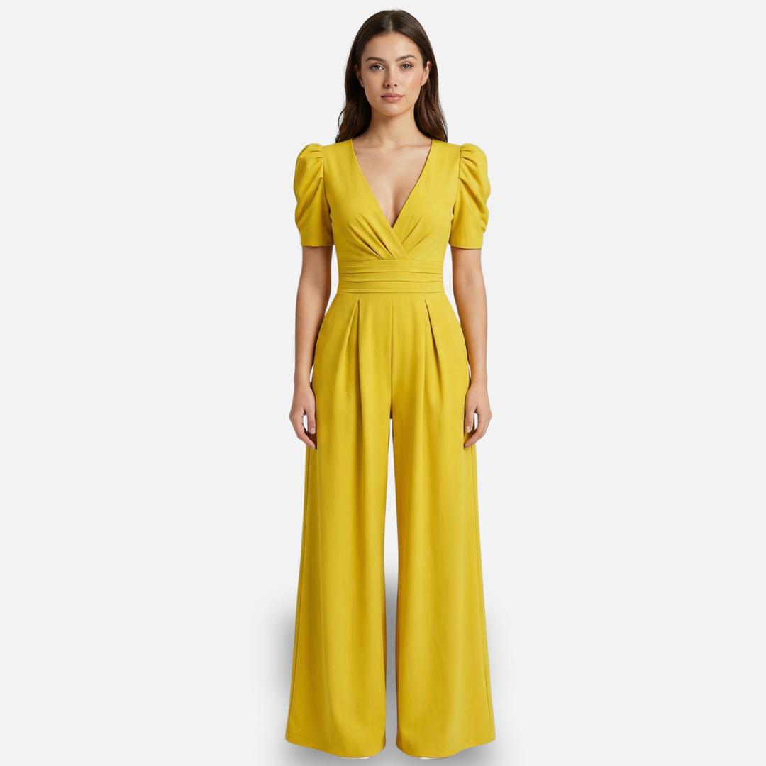 Women’s V-Neck Full-Length Jumpsuit with Puff Sleeves