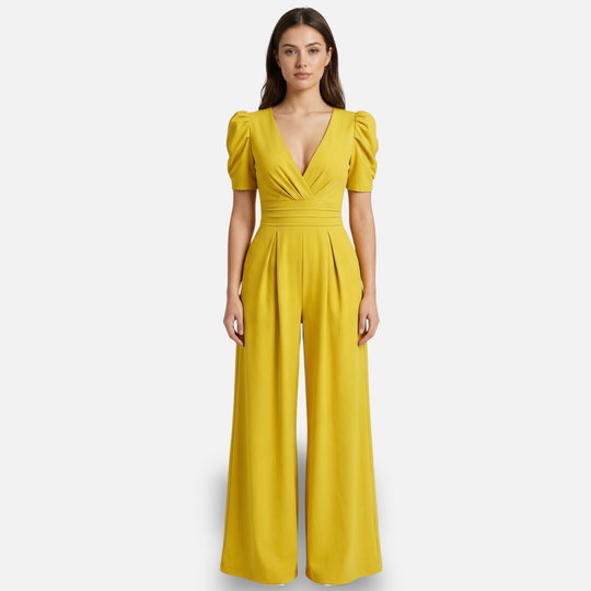 Women’s V-Neck Full-Length Jumpsuit with Puff Sleeves