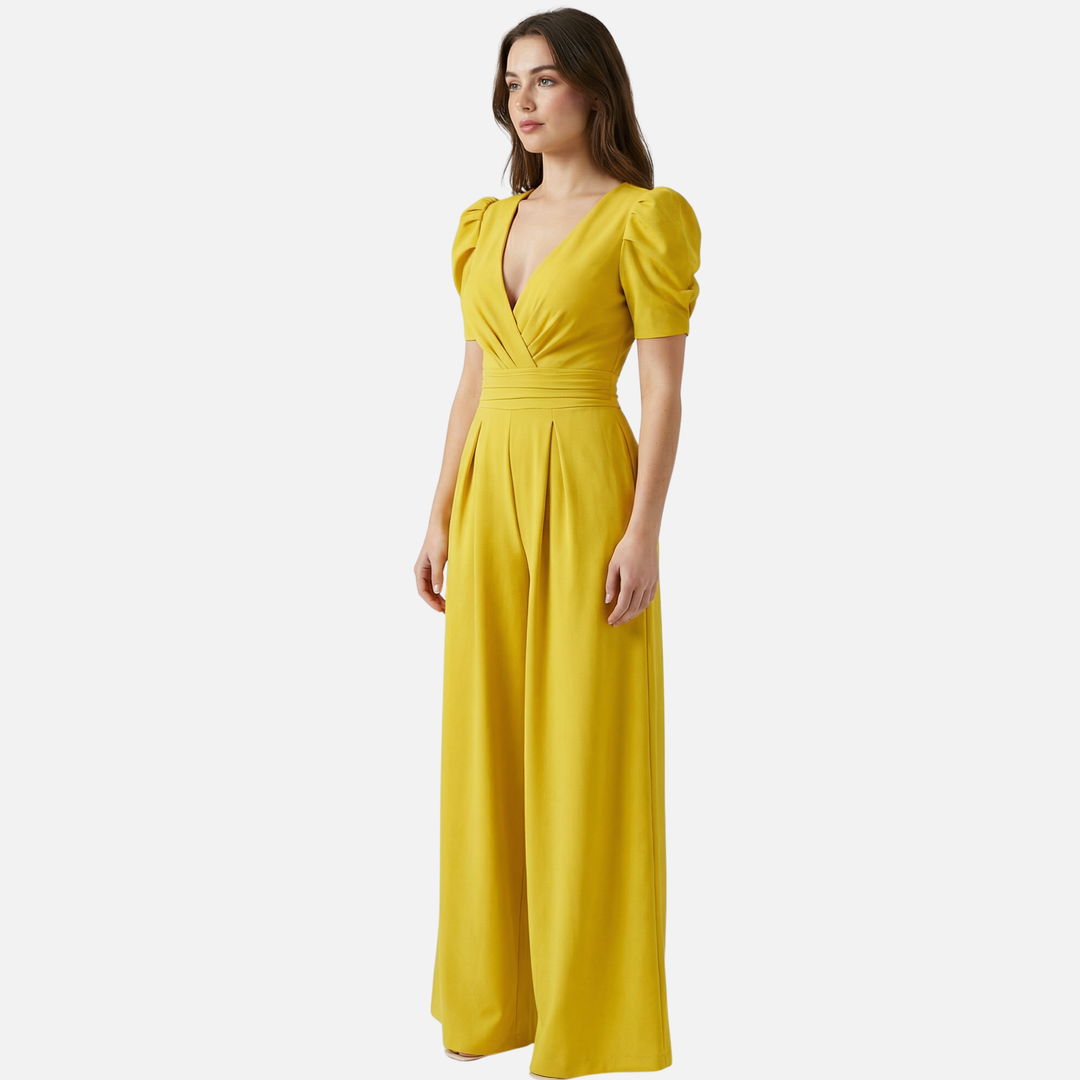 Women’s V-Neck Full-Length Jumpsuit with Puff Sleeves