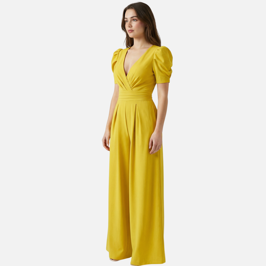 Women’s V-Neck Full-Length Jumpsuit with Puff Sleeves
