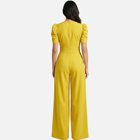 Women’s V-Neck Full-Length Jumpsuit with Puff Sleeves