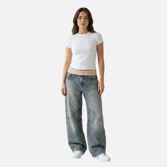 Women’s Wide-Leg Denim Pants with Ribbed Waistband