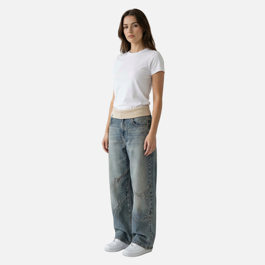 Women’s Wide-Leg Denim Pants with Ribbed Waistband