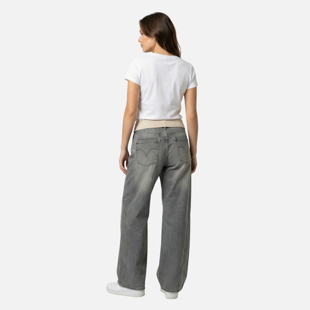 Women’s Wide-Leg Denim Pants with Ribbed Waistband