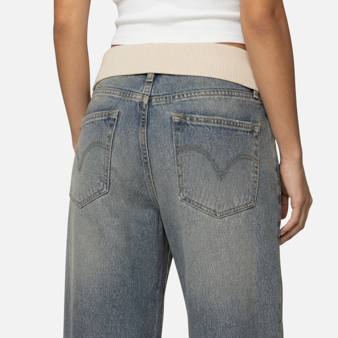 Women’s Wide-Leg Denim Pants with Ribbed Waistband