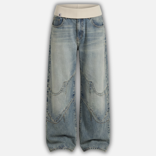 Women’s Wide-Leg Denim Pants with Ribbed Waistband