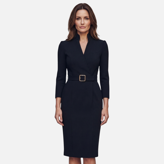 Crossover Neckline Midi Dress with Square Buckle Belt for Women