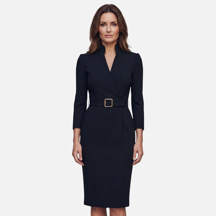 Crossover Neckline Midi Dress with Square Buckle Belt for Women