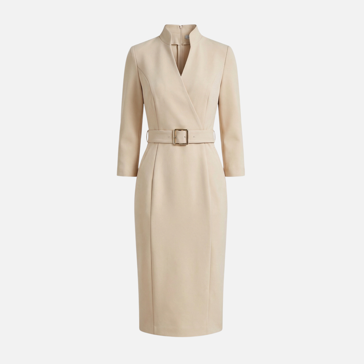 Crossover Neckline Midi Dress with Square Buckle Belt for Women