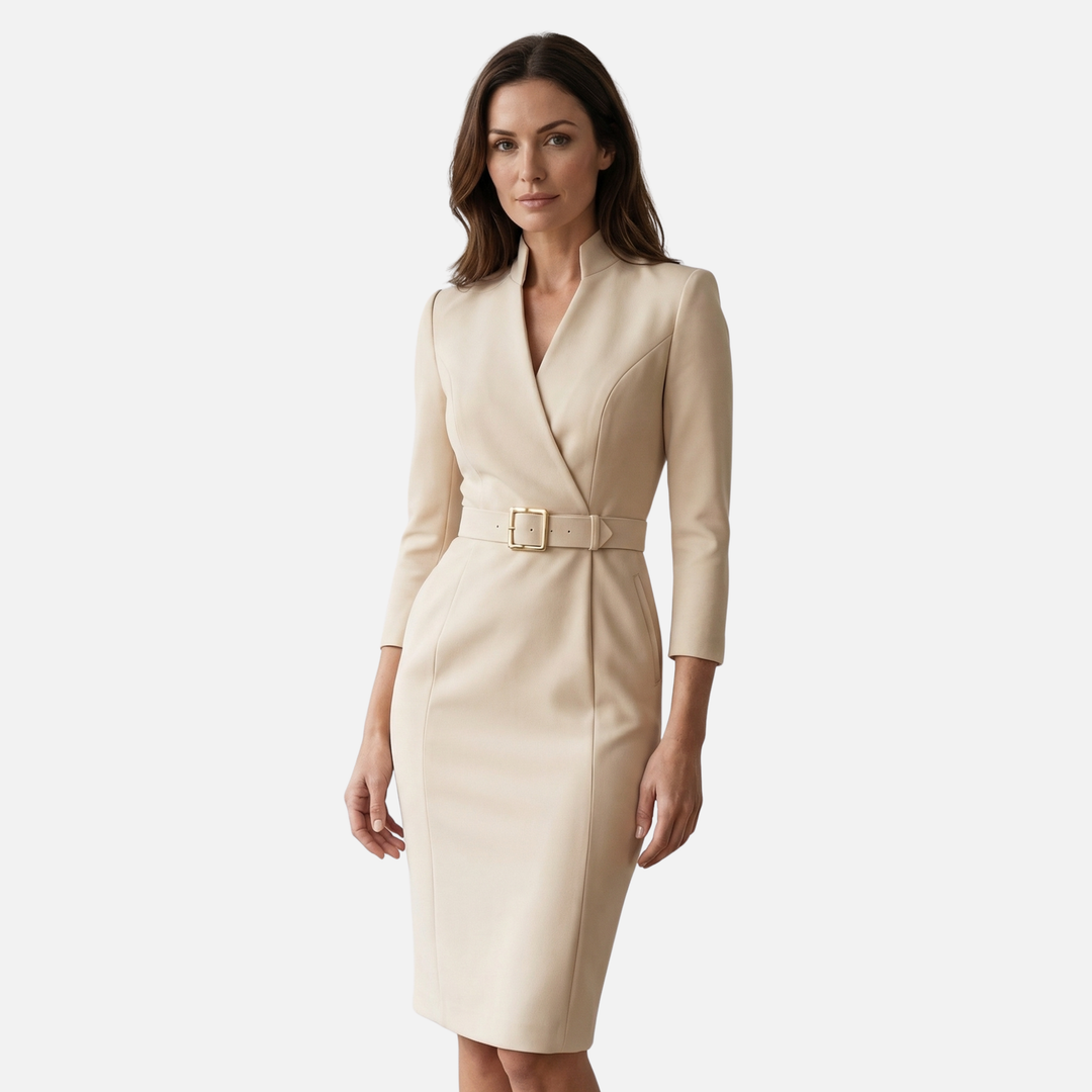 Crossover Neckline Midi Dress with Square Buckle Belt for Women