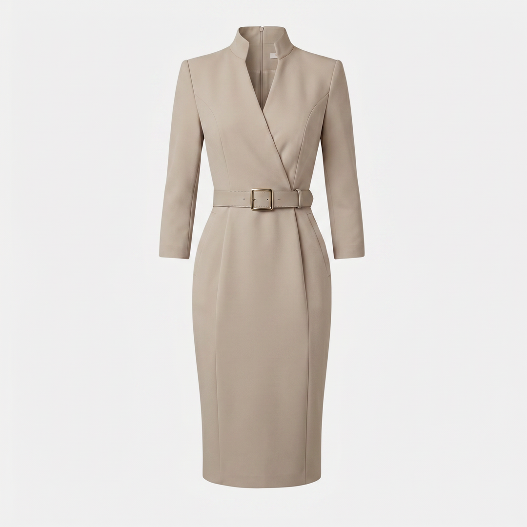 Crossover Neckline Midi Dress with Square Buckle Belt for Women