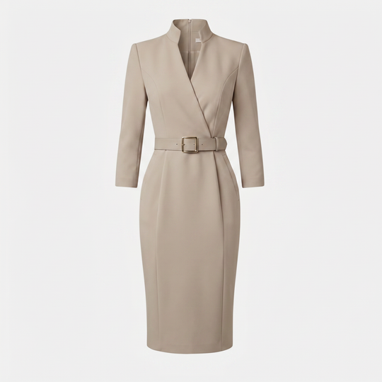 Crossover Neckline Midi Dress with Square Buckle Belt for Women
