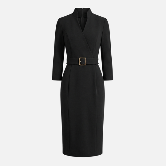 Crossover Neckline Midi Dress with Square Buckle Belt for Women