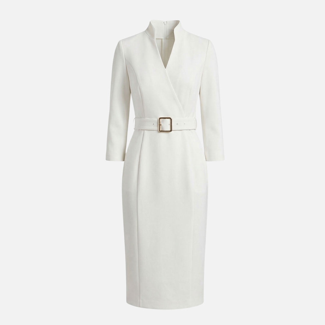 Crossover Neckline Midi Dress with Square Buckle Belt for Women
