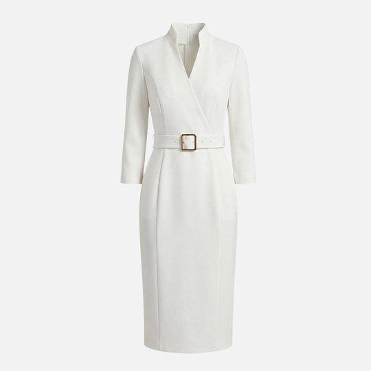 Crossover Neckline Midi Dress with Square Buckle Belt for Women