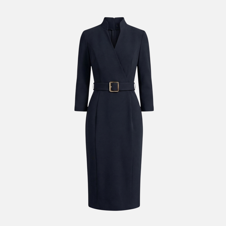 Crossover Neckline Midi Dress with Square Buckle Belt for Women