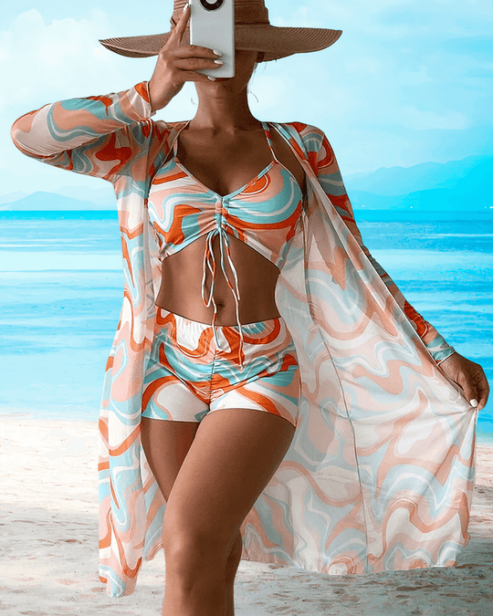 Breathable Summer Beach Set – Shorts & Long Kimono for Women