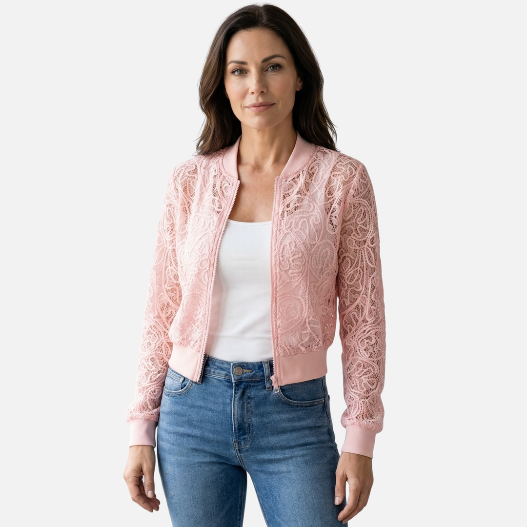 Embroidered Lace Jacket with Ribbed Trim for Women