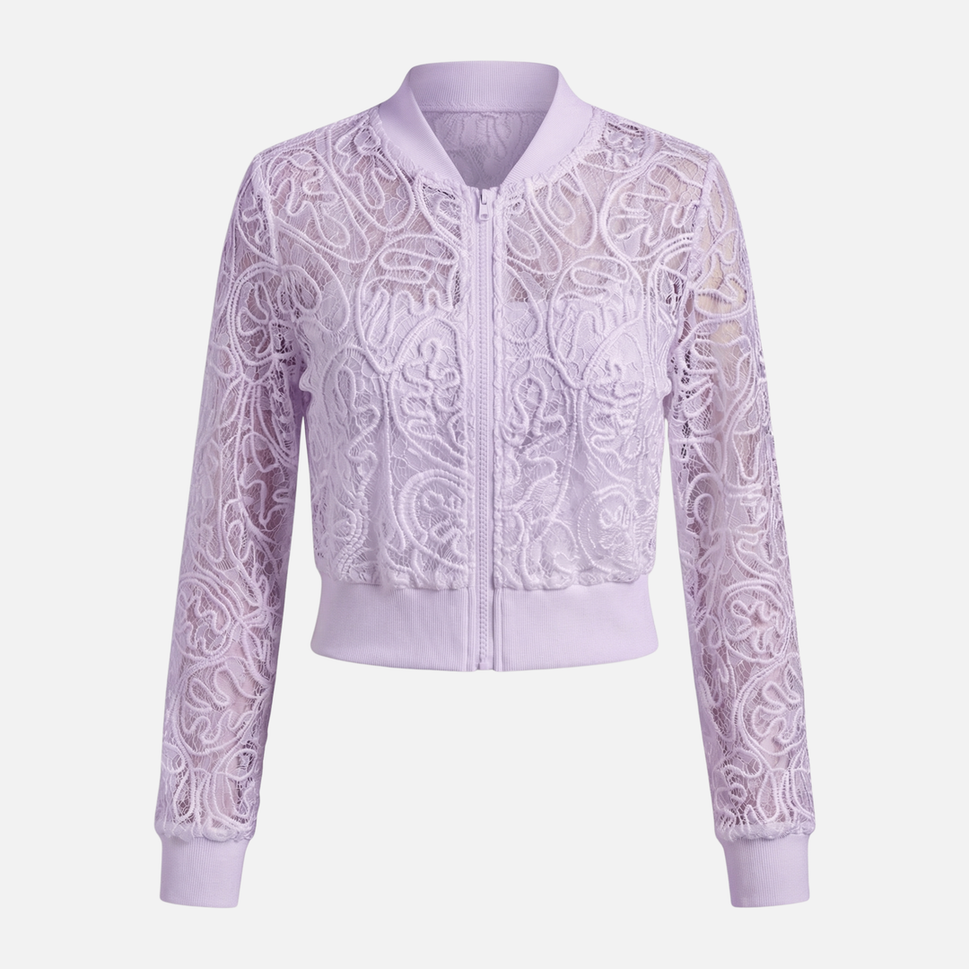 Embroidered Lace Jacket with Ribbed Trim for Women