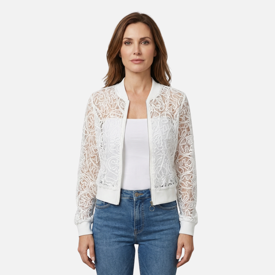 Embroidered Lace Jacket with Ribbed Trim for Women