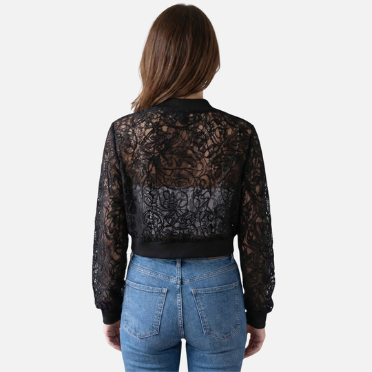 Embroidered Lace Jacket with Ribbed Trim for Women