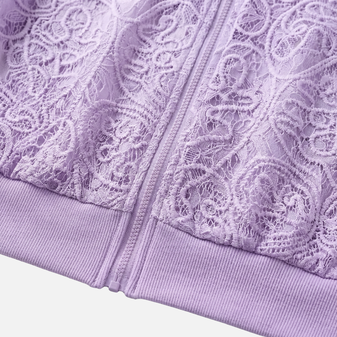 Embroidered Lace Jacket with Ribbed Trim for Women