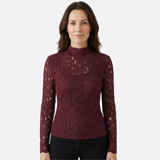 Floral Lace Top with High Neckline for Women