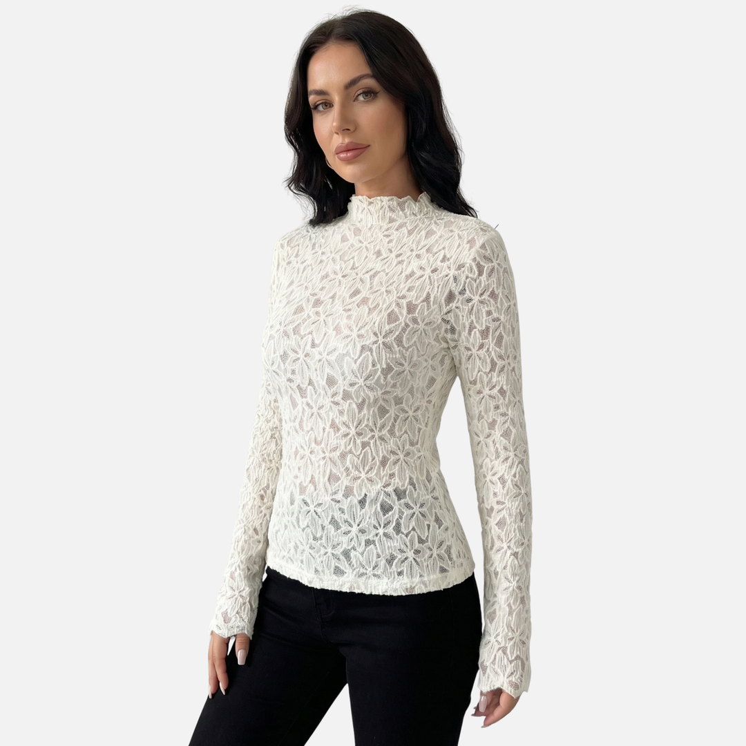 Floral Lace Top with High Neckline for Women