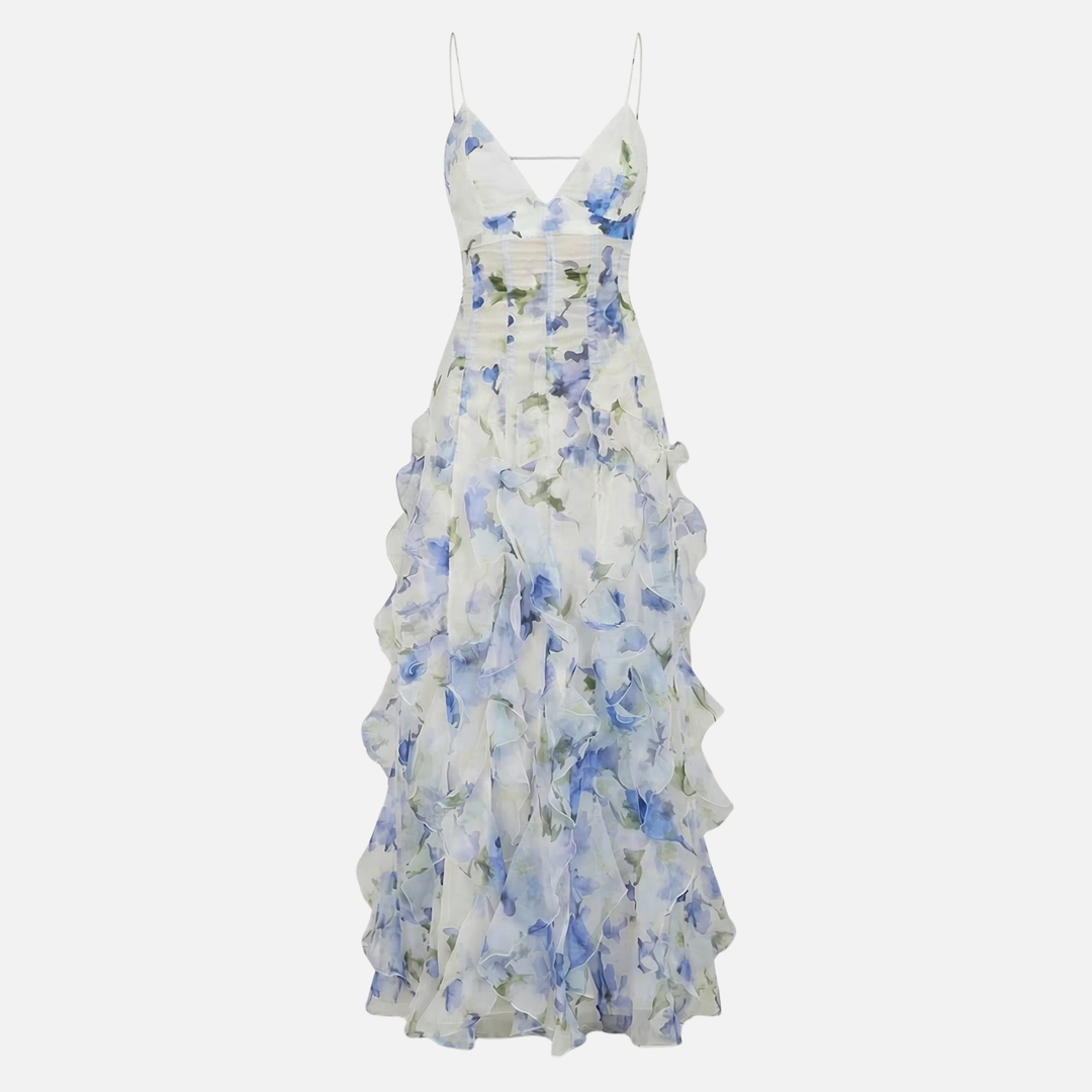 Floral Summer Ruffle Maxi Dress with Fitted Corset Bodice for Women